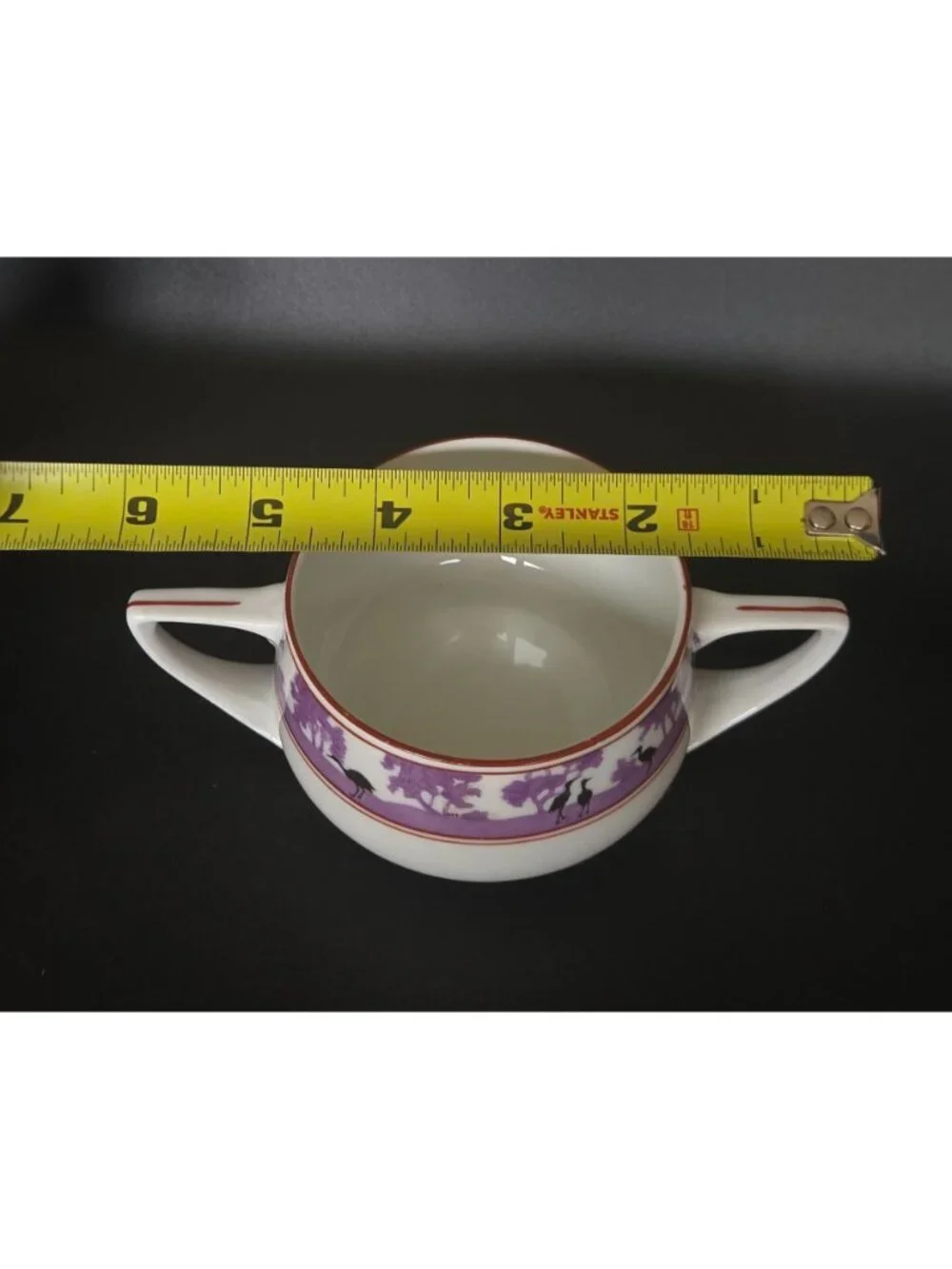Epiag Czech Silhouette Purple Black Crane Double-Handled Porcelain Birds Bowl